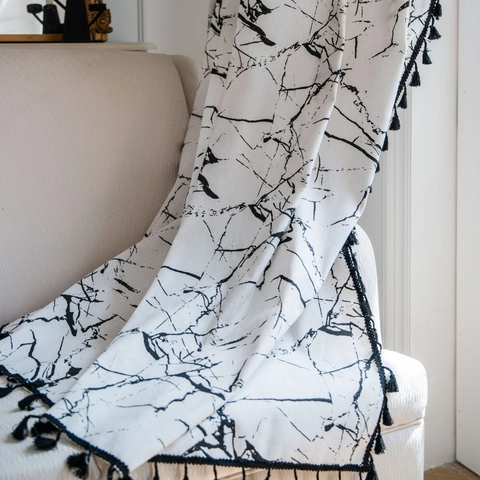 American Marble Print Window Curtain With Tassel Trim White Black Rod Pocket Grommet Semi-shading Kitchen Bay Window Drape