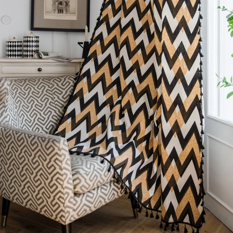 Bohemian Chevron Printed Cotton Curtain With Black Tassels American Style Semi-Blackout Window Treatment For Living Room Bedroom