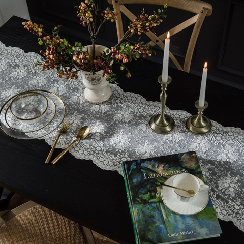 Nordischer Weißer Spitzen Tischläufer Blumenstickerei Wellenkante Polyester Vintage Deko Tuch Für Hochzeit Party Esszimmer