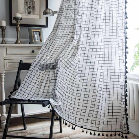 Minimalist White Grid Printed Curtain With Tassels Nordic Cotton Semi Shading Window Treatment For Kitchen Living Room