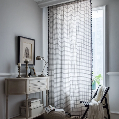 Minimalist White Grid Printed Curtain With Tassels Nordic Cotton Semi Shading Window Treatment For Kitchen Living Room