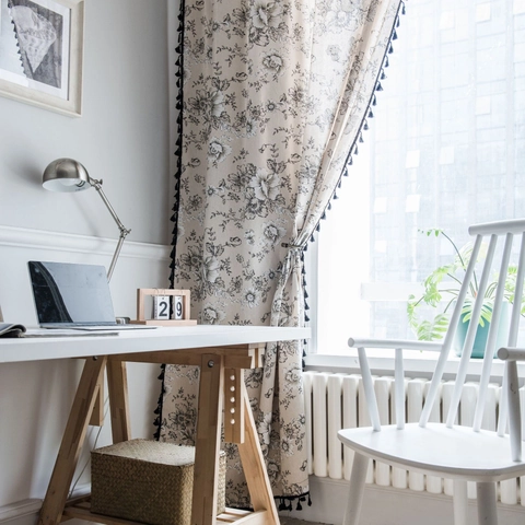 American Vintage Floral Cotton Linen Curtains With Black Tassel Semi Shading Printed Window Treatment For Living Room Study