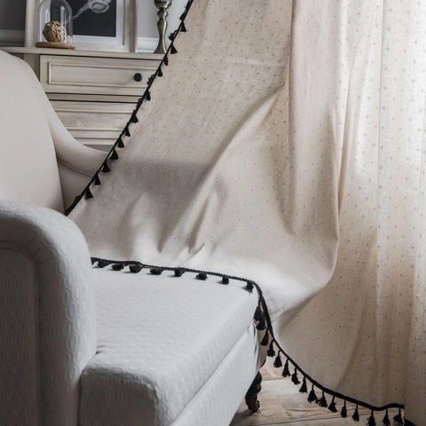 American Style Daisy Print Off White Window Curtain With Black Pom Pom Tassel Trim Cotton Linen Semi Shading Curtain For Kitchen Bedroom Decor