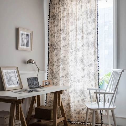 American Vintage Floral Cotton Linen Curtains With Black Tassel Semi Shading Printed Window Treatment For Living Room Study