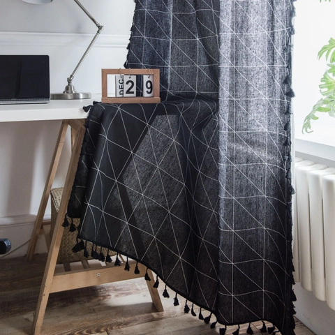 Nordic Minimalist Black Geometric Grid Cotton Linen Curtain With Tassels Semi Shading Window Drapes For Kitchen Living Room