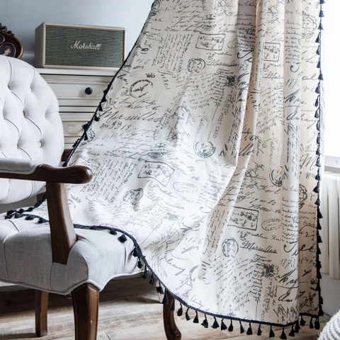 Vintage Cotton Linen Window Curtain French Letter Print Black Tassel Edge Semi Shading Drape For Kitchen Living Room Home