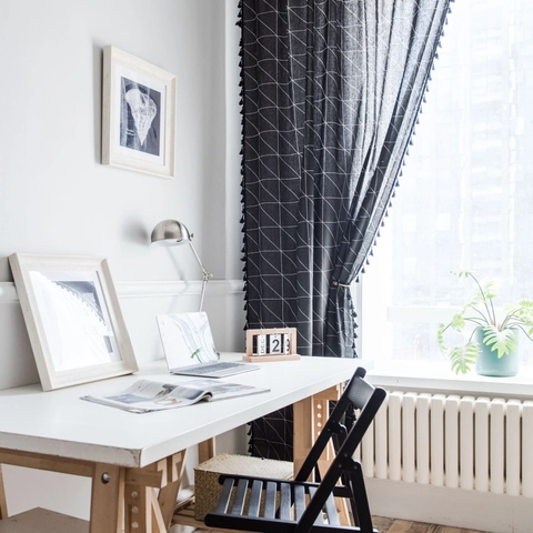 Nordic Minimalist Black Geometric Grid Cotton Linen Curtain With Tassels Semi Shading Window Drapes For Kitchen Living Room