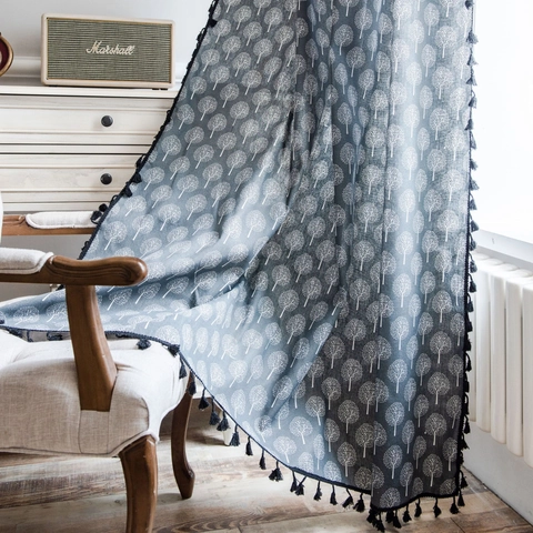Cotton Linen Tree Print Door Curtain With Tassels American Style Semi-Shading Kitchen Cafe Window Curtain Panel Decoration