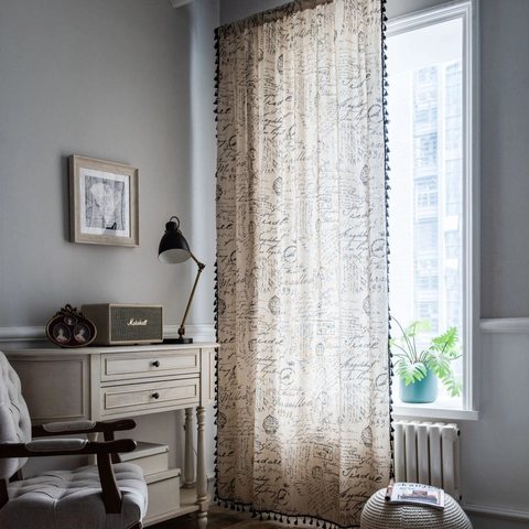 Vintage Cotton Linen Window Curtain French Letter Print Black Tassel Edge Semi Shading Drape For Kitchen Living Room Home