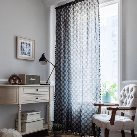 Cotton Linen Tree Print Door Curtain With Tassels American Style Semi-Shading Kitchen Cafe Window Curtain Panel Decoration
