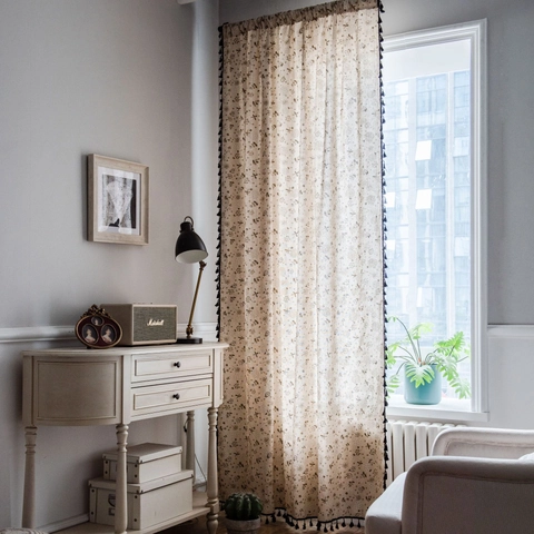 Vintage Cotton Linen Dandelion Printed Curtain With Black Tassels Semi Shading Window Treatment For Living Room Bedroom
