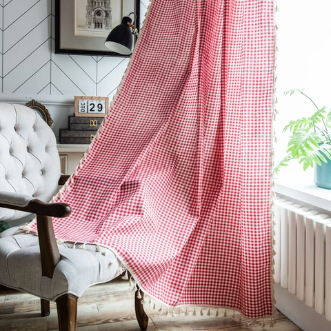 Korean Style Red White Gingham Lattice Window Curtain With Tassel Fringe Semi Shading Cotton Small Kitchen Window Curtains