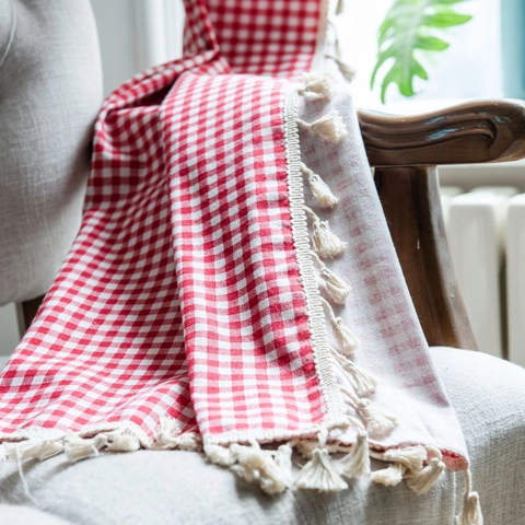 Korean Style Red White Gingham Lattice Window Curtain With Tassel Fringe Semi Shading Cotton Small Kitchen Window Curtains