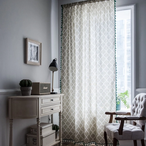 Cotton Linen Geometric Print Window Curtain With Tassels American Style Semi Blackout Decorative Drape For Living Room Kitchen