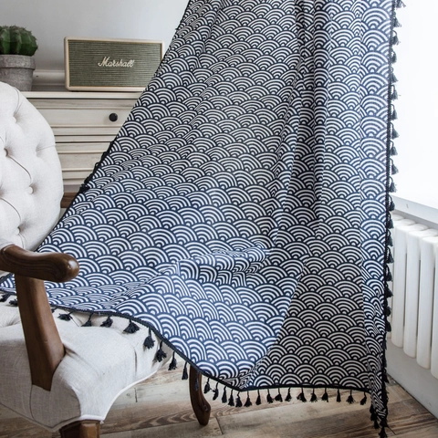 Japanese Seigaiha Wave Print Navy Blue Cotton Linen Curtain With Tassels Semi-Blackout Window Treatment For Kitchen Decor