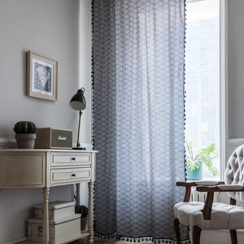 Japanese Seigaiha Wave Print Navy Blue Cotton Linen Curtain With Tassels Semi-Blackout Window Treatment For Kitchen Decor