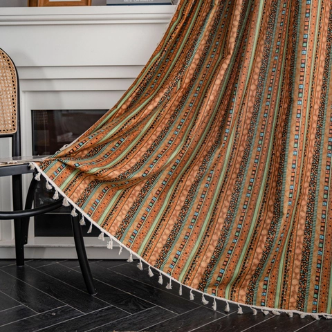 Bohemian Striped Printed Cotton Linen Door Curtain With Tassels American Retro Semi-Shading Decorative Window Curtain