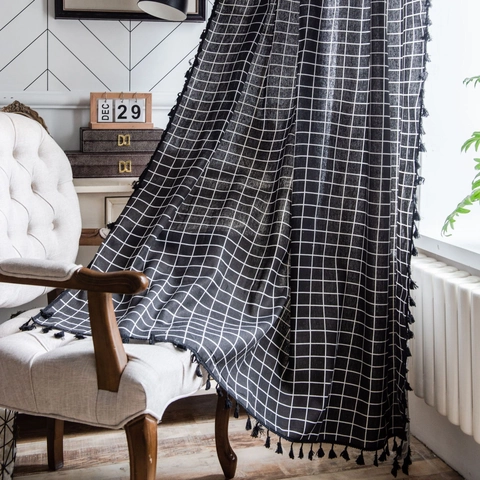 Japanese Style Black White Grid Pattern Cotton Linen Curtain With Tassels Semi Shading Window Treatment For Living Room