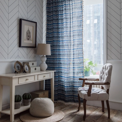 Bohemian Geometric Printed Cotton Linen Curtain With Tassels Rod Pocket Grommet Hook Semi-Blackout Window Drapes For Home Decoration