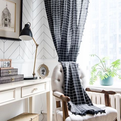Japanese Style Black White Grid Pattern Cotton Linen Curtain With Tassels Semi Shading Window Treatment For Living Room