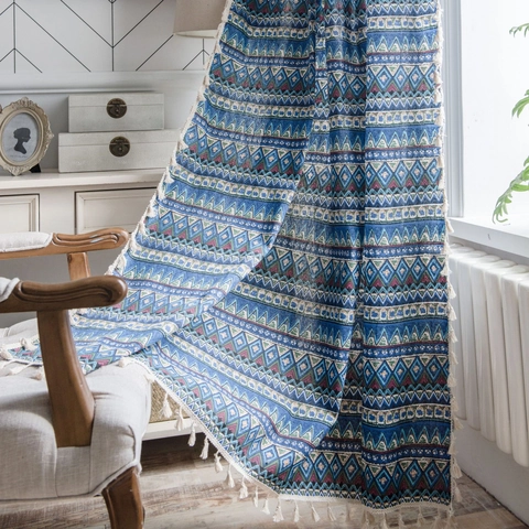 Bohemian Geometric Printed Cotton Linen Curtain With Tassels Rod Pocket Grommet Hook Semi-Blackout Window Drapes For Home Decoration
