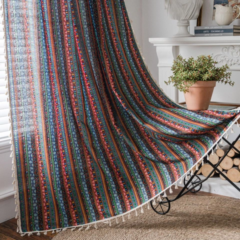 Boheems Gestreepte Bedrukte Katoen Linnen Deurgordijn Met Kwastjes Amerikaans Vintage Etnisch Decoratief Keukengordijn