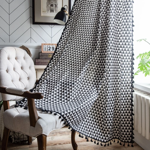 Retro American Printed Semi Shading Door Curtain With Tassels Cotton Linen Blend Floral Geometric Window Drapes Decor
