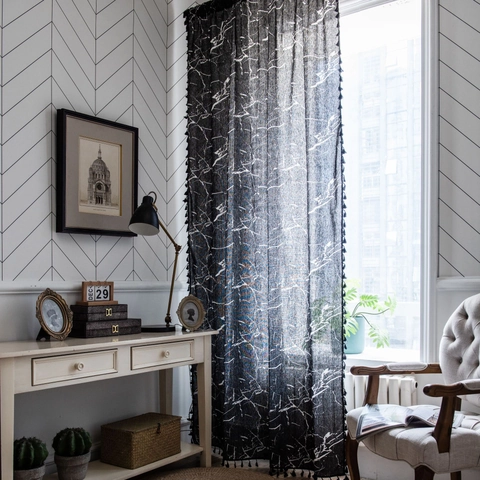 Rideaux en Coton Lin Imprimé Marbre Noir Avec Franges à Glands Pour Salon Cuisine Décoration Intérieure Moderne
