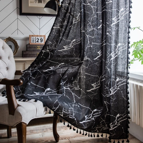 Rideaux en Coton Lin Imprimé Marbre Noir Avec Franges à Glands Pour Salon Cuisine Décoration Intérieure Moderne