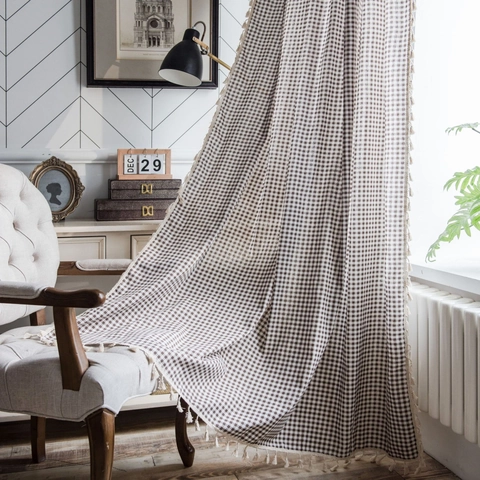 Japanese Coffee Gingham Small Window Curtains With Tassels Cotton Blend Semi Shading Retro Rod Pocket Cafe Curtains For Kitchen