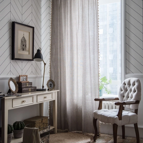 Japanese Coffee Gingham Small Window Curtains With Tassels Cotton Blend Semi Shading Retro Rod Pocket Cafe Curtains For Kitchen