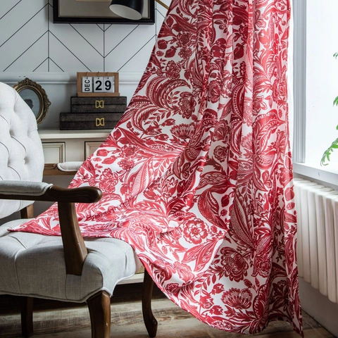 Red Baroque Vintage Floral Print Curtains Semi-Shading Polyester Cotton Linen Texture Window Drapes For Living Room Bedroom