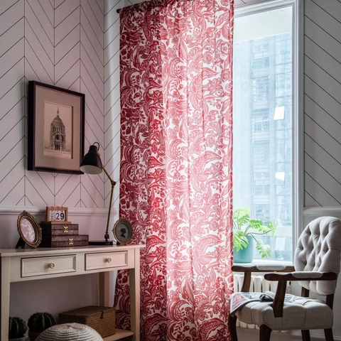Red Baroque Vintage Floral Print Curtains Semi-Shading Polyester Cotton Linen Texture Window Drapes For Living Room Bedroom