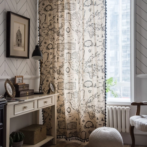 Vintage World Map Print Cotton Linen Curtain With Black Tassels Japanese Style Semi Blackout Door Window Drape For Home Decor