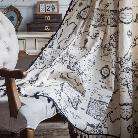 Vintage World Map Print Cotton Linen Curtain With Black Tassels Japanese Style Semi Blackout Door Window Drape For Home Decor