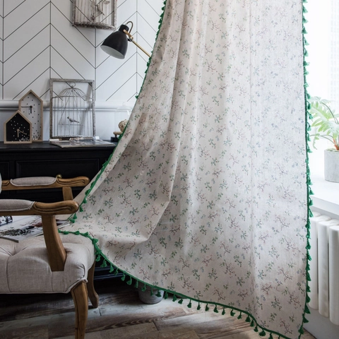 Groene Bloemen Gordijnen Met Kwastjes Voor Slaapkamer Landelijke Stijl Semi Verduisterend Katoen Linnen Look Bedrukte Cafe Gordijnen