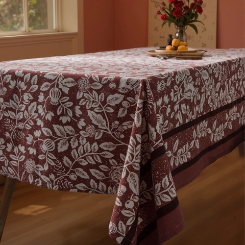 Nappe Rurale Américaine Floral Oiseaux Rectangulaire Texture de Coton et Lin Couverture de Table à Manger Vintage Rouge Brique Décor