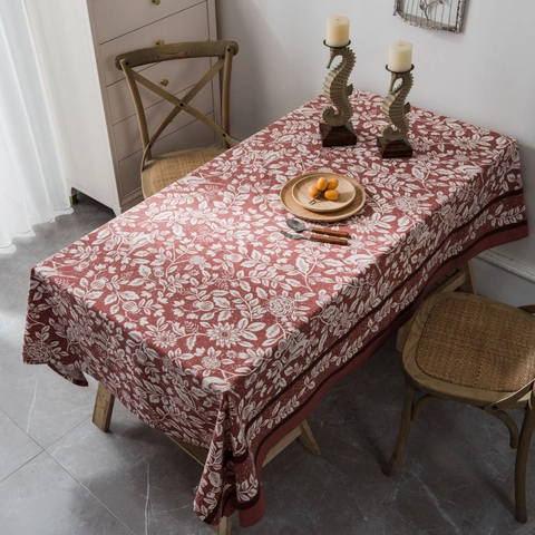 Nappe Rurale Américaine Floral Oiseaux Rectangulaire Texture de Coton et Lin Couverture de Table à Manger Vintage Rouge Brique Décor
