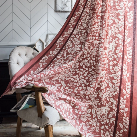 American Country Orange Floral Bird Printed Curtain Faux Cotton Linen Window Drapery For Kitchen Bedroom Rod Pocket Grommet