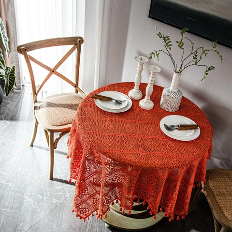 Vintage Amerikaanse Stijl Gehaakte Tafelkleed Opengewerkt Met Kwastjes Geometrische Kant Katoenmix Tafelkleed Decoratie Voor Huis