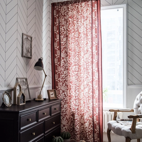 American Country Orange Floral Bird Printed Curtain Faux Cotton Linen Window Drapery For Kitchen Bedroom Rod Pocket Grommet
