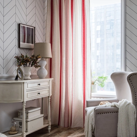 American Style Yarn-Dyed Vertical Striped Kitchen Curtain Cotton Linen Semi-Blackout Short Window Curtain For Dining Room