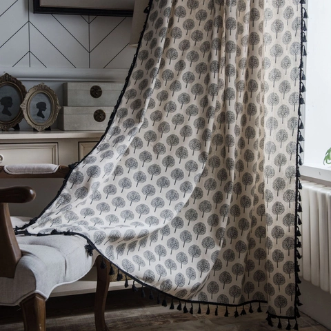 American Country Style Cotton Window Curtain With Black Tassels Semi Blackout Small Tree Print Kitchen Cafe Curtain Panel