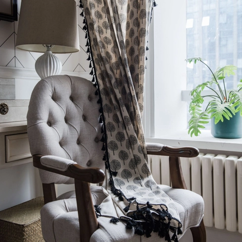 American Country Style Cotton Window Curtain With Black Tassels Semi Blackout Small Tree Print Kitchen Cafe Curtain Panel