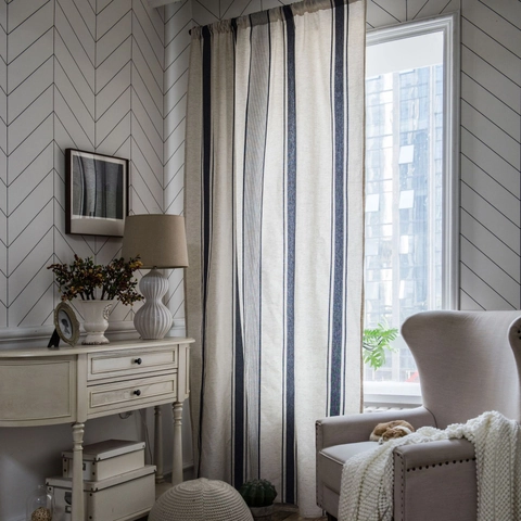 American Style Striped Cotton Linen Curtains Semi Blackout Vertical Stripes Window Drapes For Living Room Bedroom Kitchen