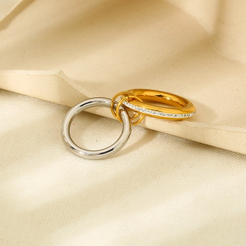 Double Layer Interlocking Ring Stainless Steel 18K Gold Plated Rhinestone Inlaid Geometric Finger Ring For Women Fashion Jewelry