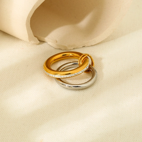 Double Layer Interlocking Ring Stainless Steel 18K Gold Plated Rhinestone Inlaid Geometric Finger Ring For Women Fashion Jewelry