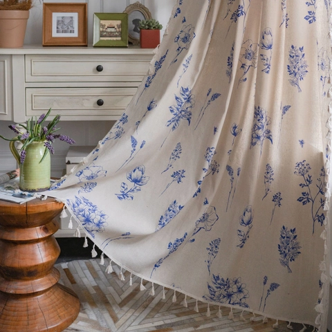 American Vintage Cotton Linen Window Curtains With Tassel Botanical Floral Bee Printed Semi Shading Drapes For Kitchen Room