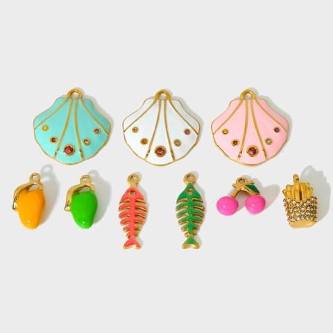 Gold Plated Stainless Steel Enamel Pendants Fruit Shell Fish Bone Rhinestone Charms For DIY Necklace Bracelet Jewelry Making