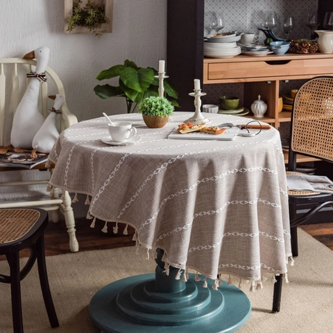 Nappe Ronde en Coton Lin Avec Glands Rayures Brodées Boho Ferme Cuisine Salle à Manger Couvre-Table Décoration Maison